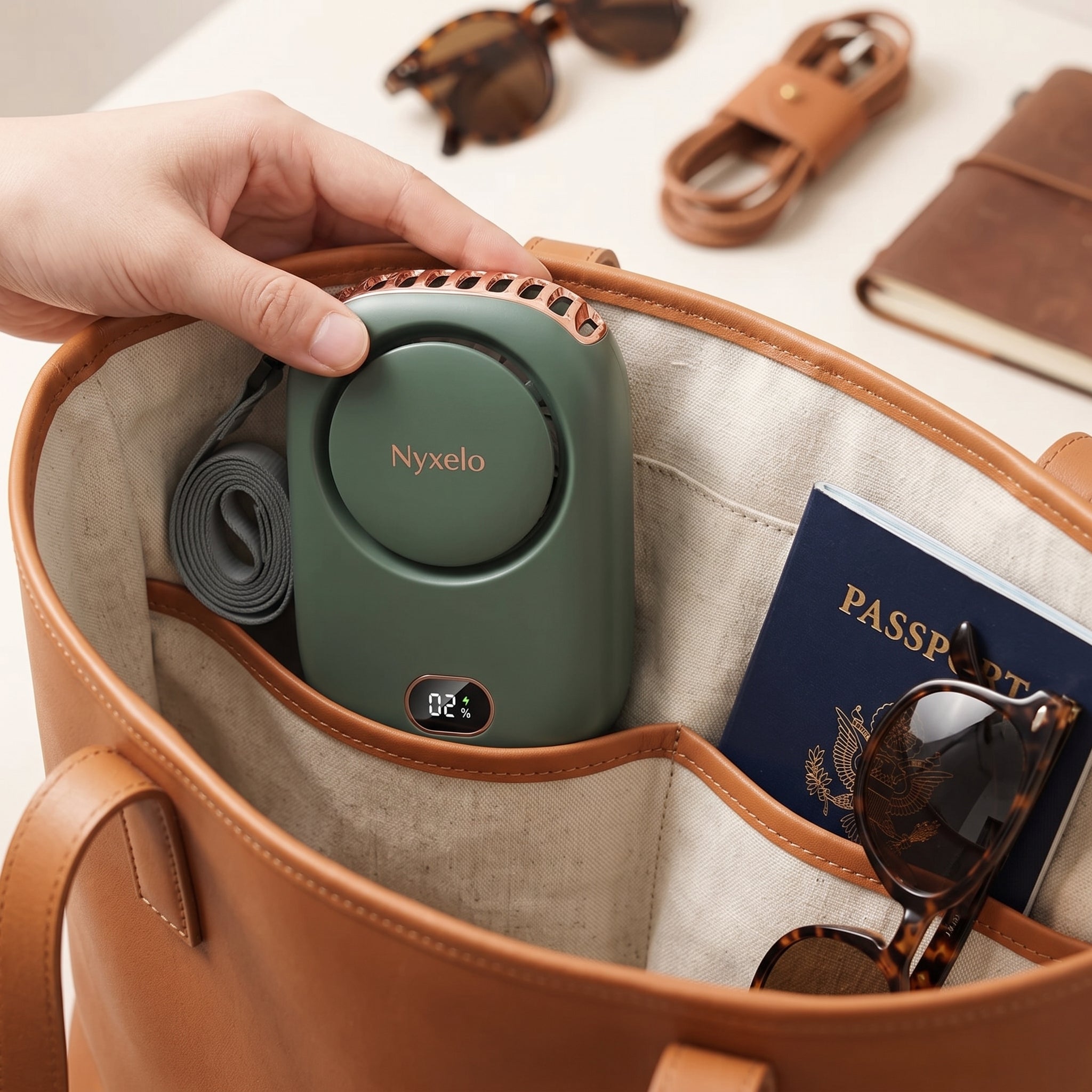 Ventilador de cuello Nyxelo guardado en un bolso de viaje junto a pasaporte y gafas de sol