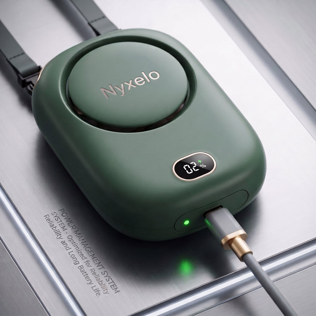 Ventilador de cuello Nyxelo cargando por USB-C, sistema de gestion de bateria