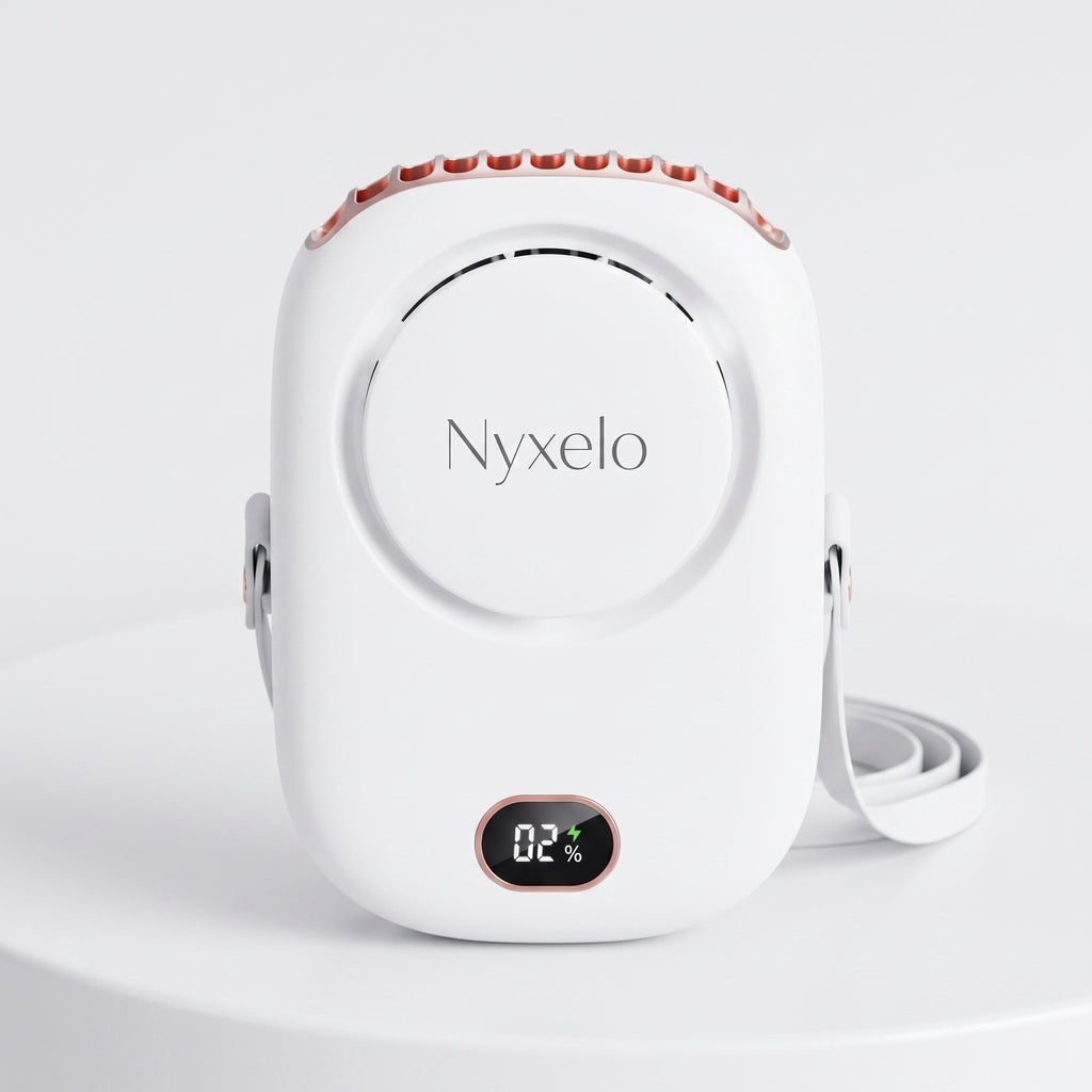 Ventilador de cuello Nyxelo en blanco, vista frontal